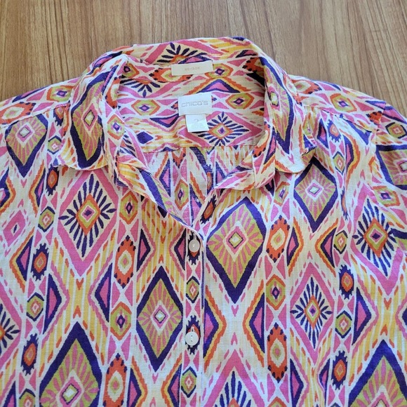 Chicos Top Shirt Womens Large Pink Linen Southwest Button Front Casual Career - Picture 3 of 16